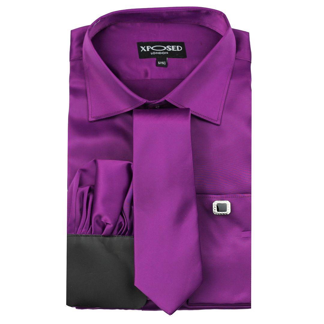 Mens Satin Silky Feel Smart Casual Double Cuff Wedding Party Formal